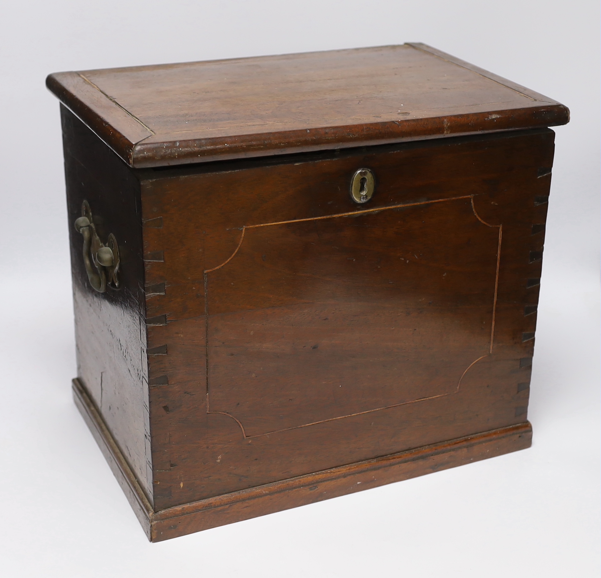 A Georgian mahogany decanter box, fitted six original plain glass decanters and stoppers, hinged lid and twin brass carrying handles, width 39cm